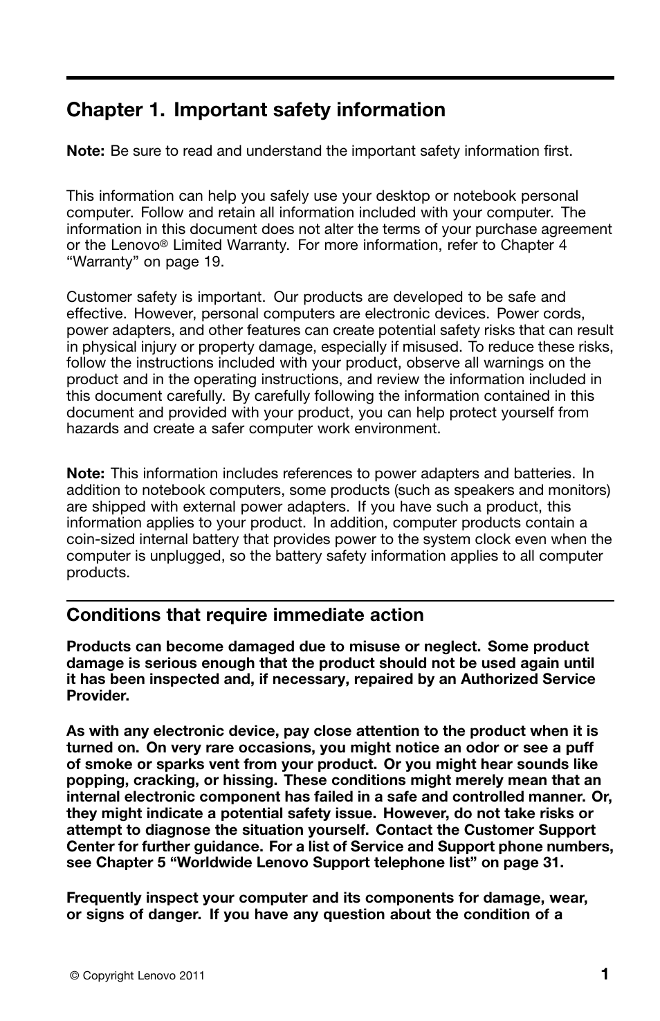 Chapter 1. important safety information, Conditions that require immediate action | Lenovo 0B39663 User Manual | Page 5 / 52