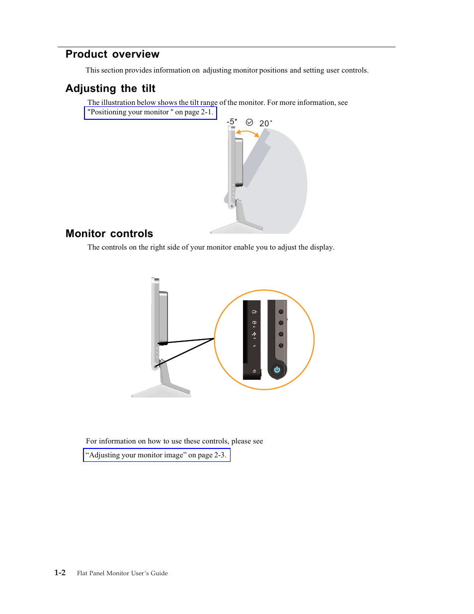Product overview, Adjusting the tilt, Monitor controls | Product, Overview, Adjusting, Tilt, Monitor, Controls | Lenovo L193 User Manual | Page 6 / 29
