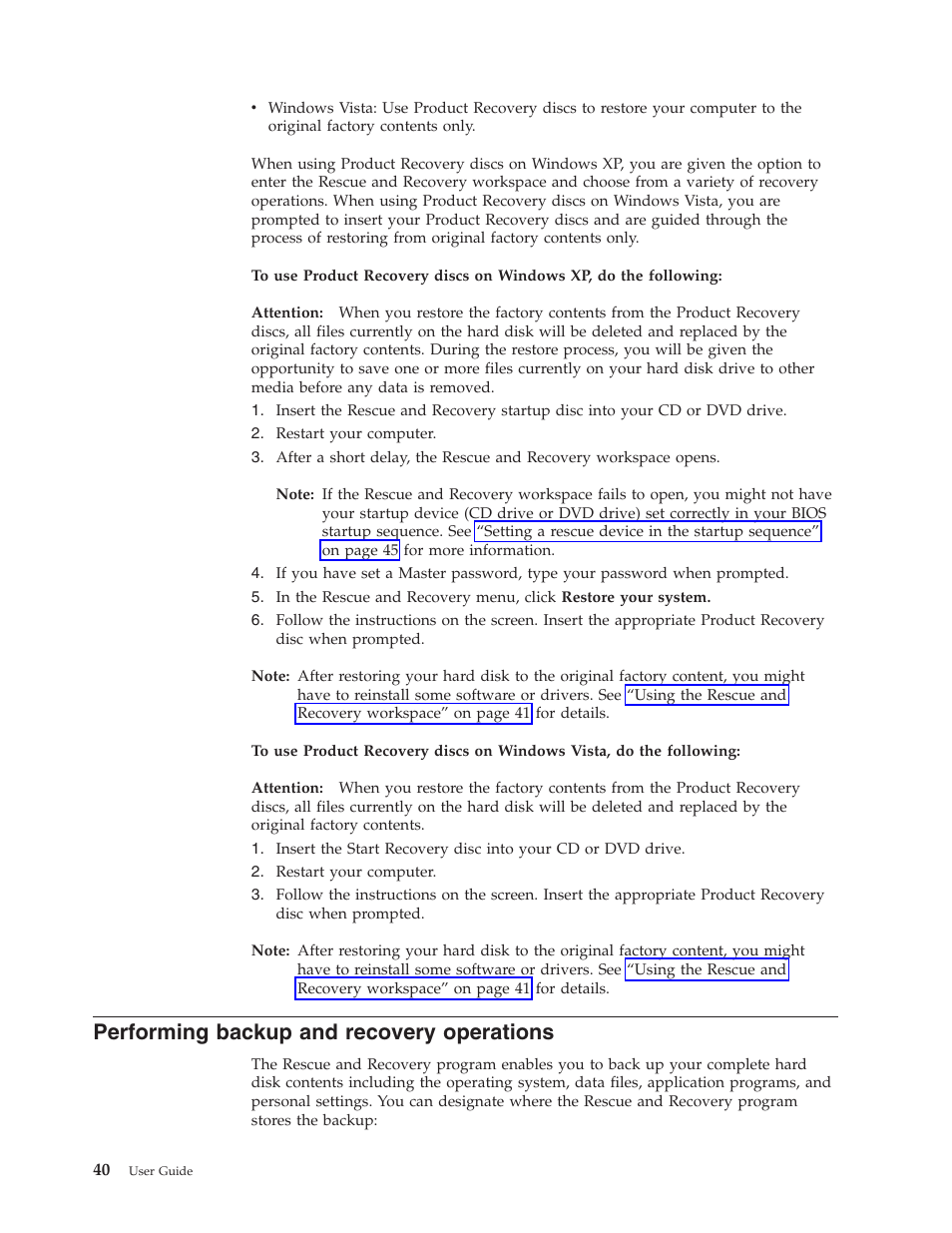 Performing backup and recovery operations, Performing, Backup | Recovery, Operations | Lenovo 3000 J Series User Manual | Page 58 / 96