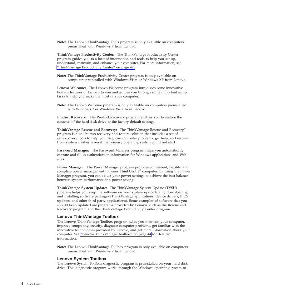 Lenovo thinkvantage toolbox, Lenovo system toolbox | Lenovo 5354 User Manual | Page 12 / 68