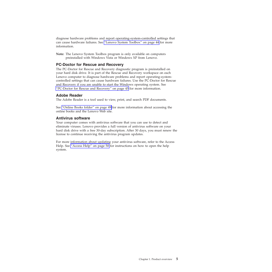 Pc-doctor for rescue and recovery, Adobe reader, Antivirus software | Lenovo 5354 User Manual | Page 13 / 68