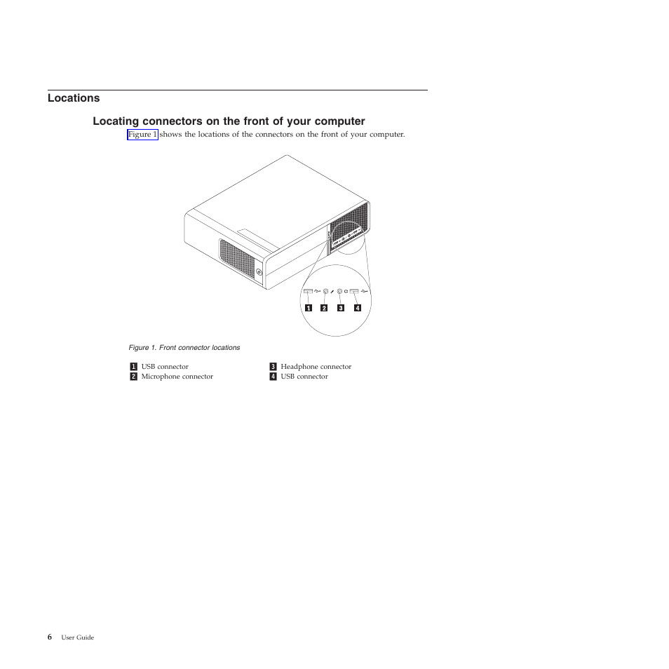 Locations, Locating connectors on the front of your computer | Lenovo 5354 User Manual | Page 14 / 68
