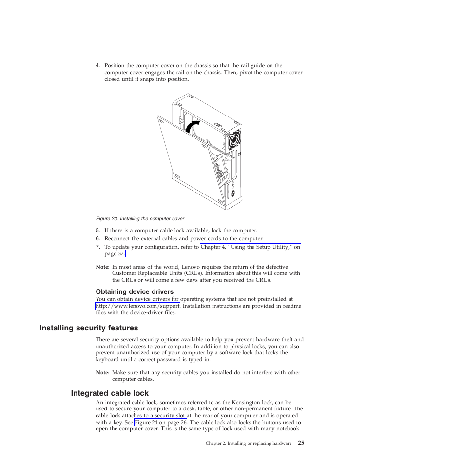 Obtaining device drivers, Installing security features, Integrated cable lock | Lenovo 5354 User Manual | Page 33 / 68