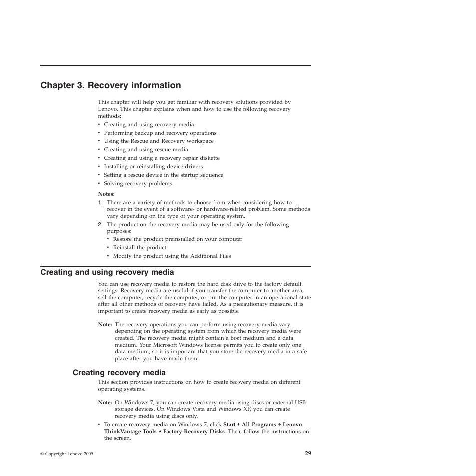 Chapter 3. recovery information, Creating and using recovery media, Creating recovery media | Lenovo 5354 User Manual | Page 37 / 68