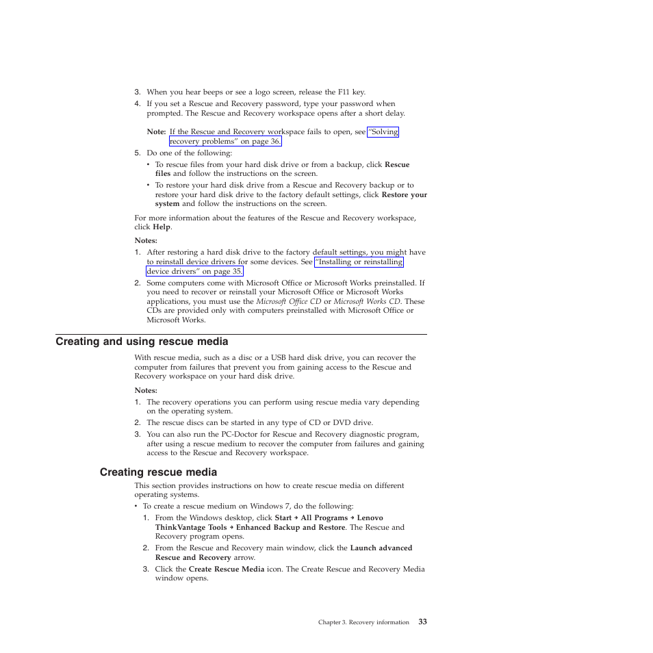 Creating and using rescue media, Creating rescue media | Lenovo 5354 User Manual | Page 41 / 68