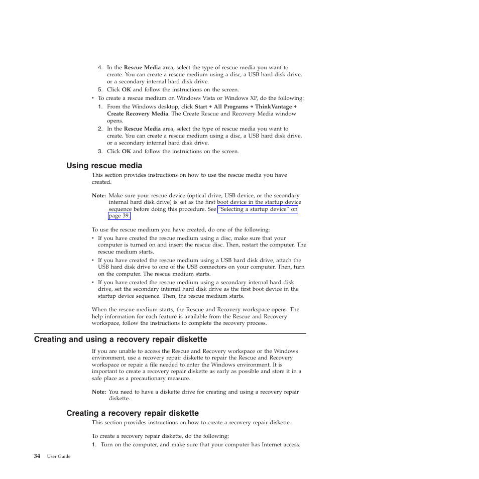 Using rescue media, Creating and using a recovery repair diskette, Creating a recovery repair diskette | Lenovo 5354 User Manual | Page 42 / 68