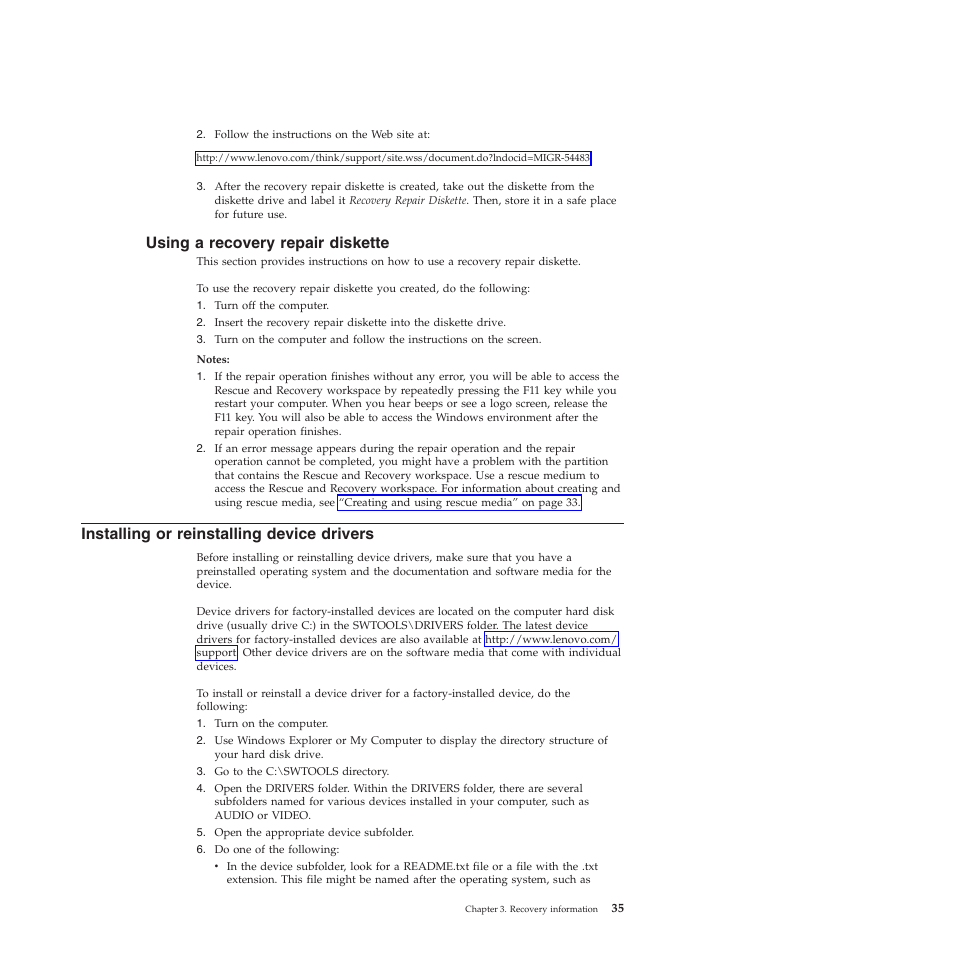 Using a recovery repair diskette, Installing or reinstalling device drivers | Lenovo 5354 User Manual | Page 43 / 68