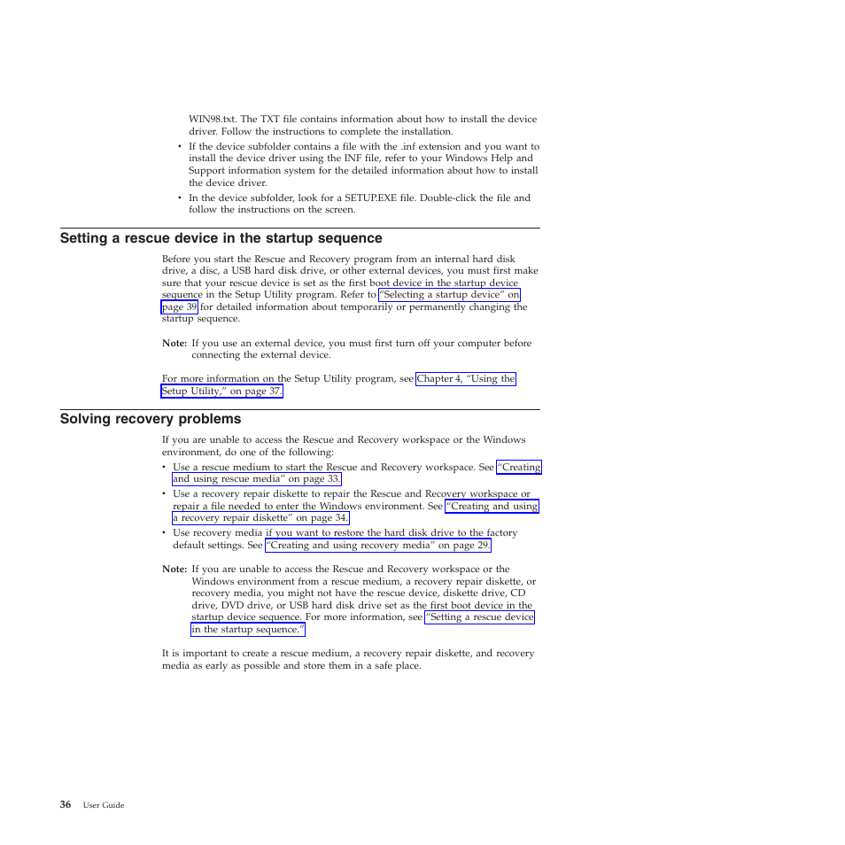 Setting a rescue device in the startup sequence, Solving recovery problems | Lenovo 5354 User Manual | Page 44 / 68