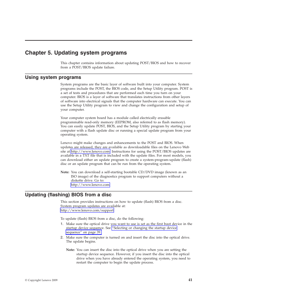 Chapter 5. updating system programs, Using system programs, Updating (flashing) bios from a disc | Lenovo 5354 User Manual | Page 49 / 68