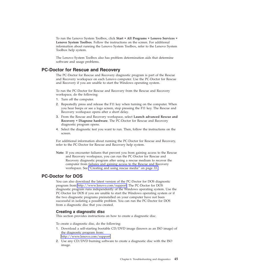 Pc-doctor for rescue and recovery, Pc-doctor for dos, Creating a diagnostic disc | Lenovo 5354 User Manual | Page 53 / 68