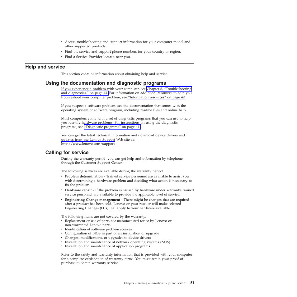 Help and service, Using the documentation and diagnostic programs, Calling for service | Lenovo 5354 User Manual | Page 59 / 68