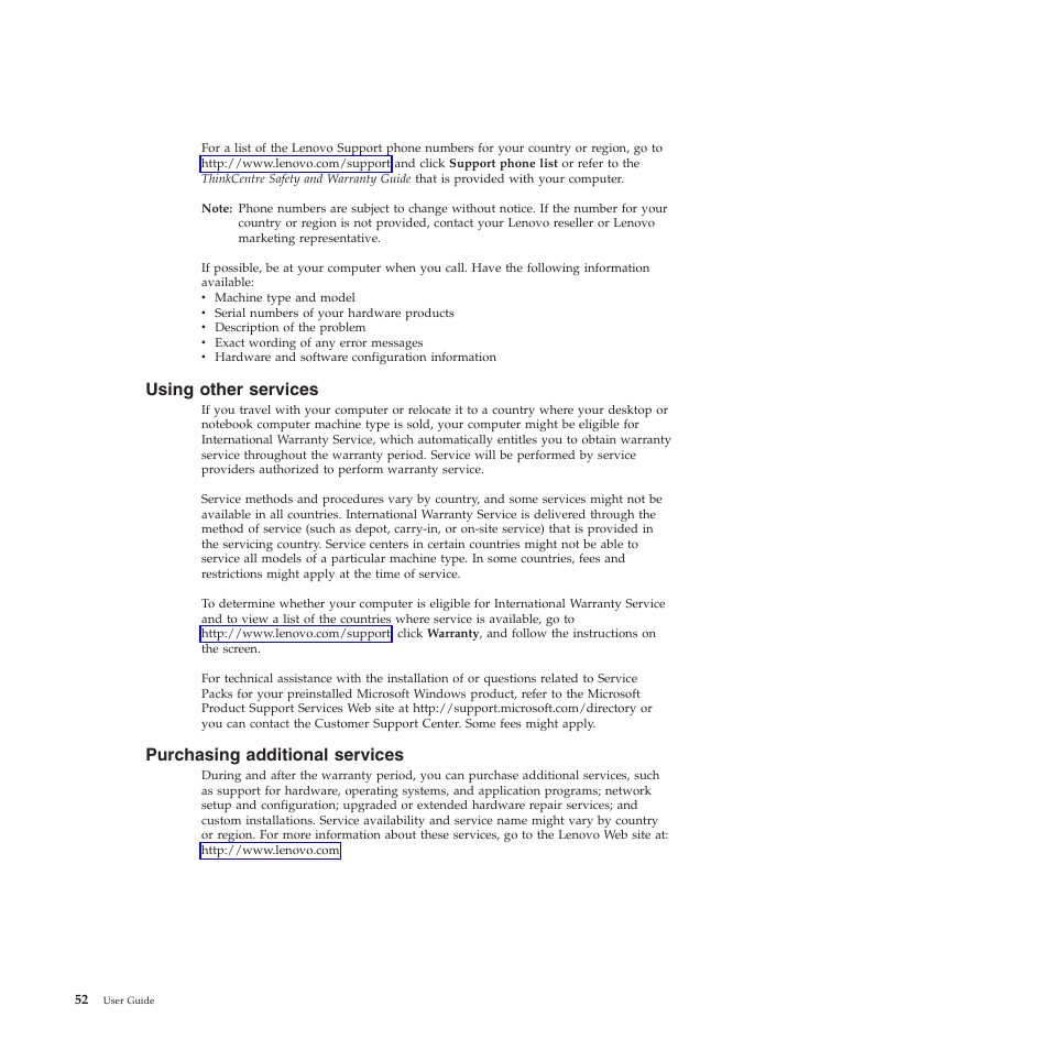 Using other services, Purchasing additional services | Lenovo 5354 User Manual | Page 60 / 68
