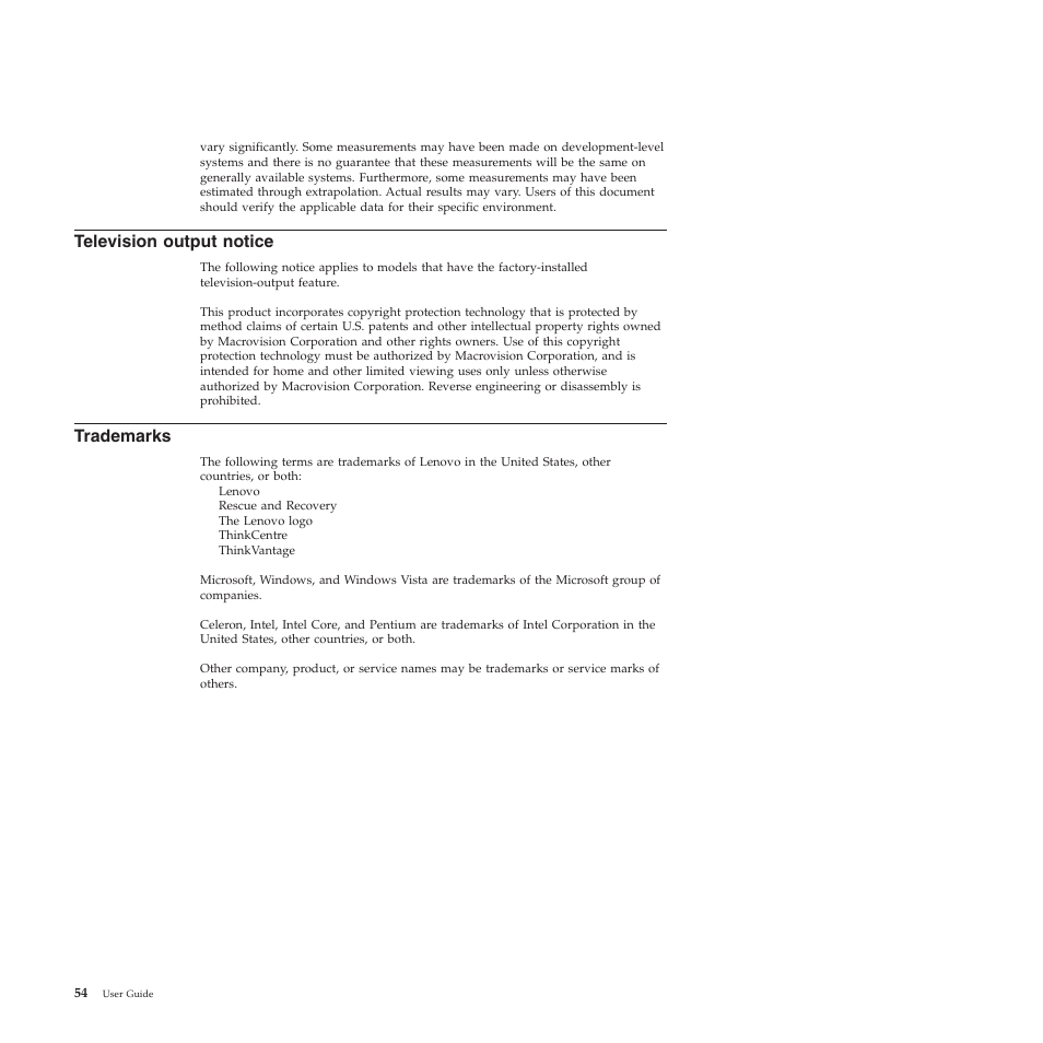 Television output notice, Trademarks | Lenovo 5354 User Manual | Page 62 / 68