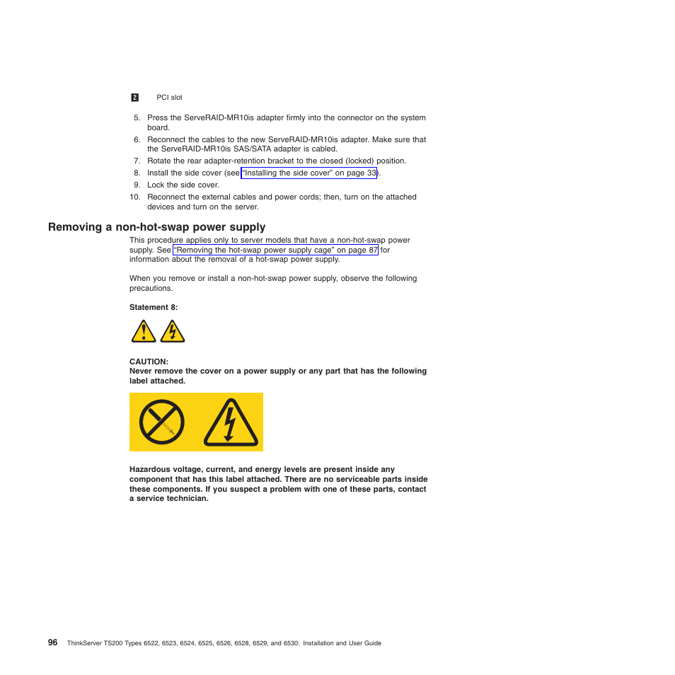 Removing a non-hot-swap power supply, Removing a non-hot-swap power | Lenovo 6528 User Manual | Page 112 / 216