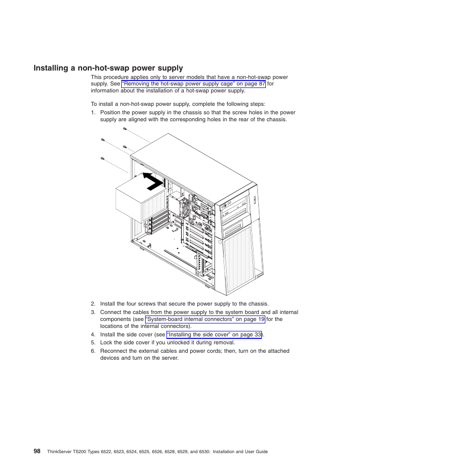Installing a non-hot-swap power supply | Lenovo 6528 User Manual | Page 114 / 216