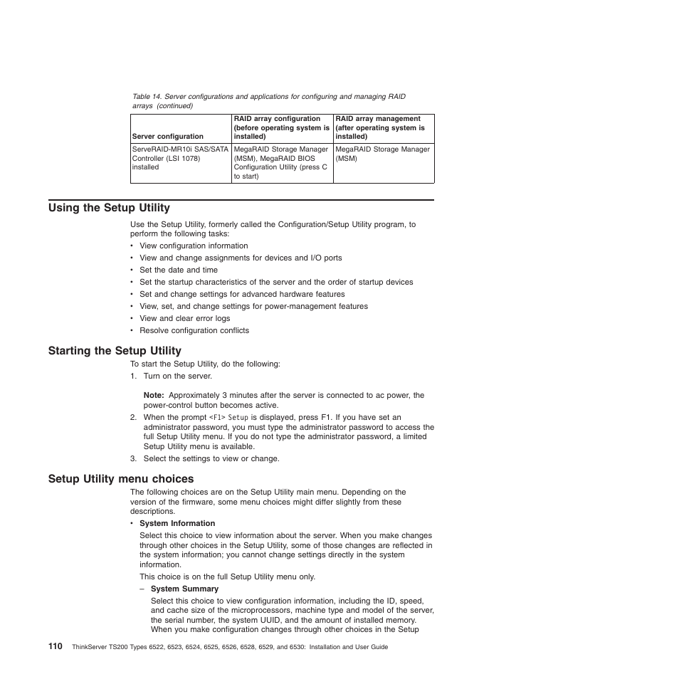 Using the setup utility, Starting the setup utility, Setup utility menu choices | Lenovo 6528 User Manual | Page 126 / 216