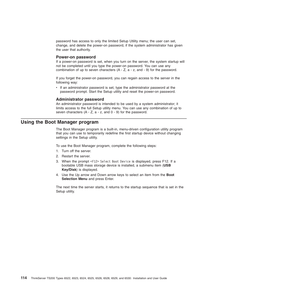Power-on password, Administrator password, Using the boot manager program | Lenovo 6528 User Manual | Page 130 / 216
