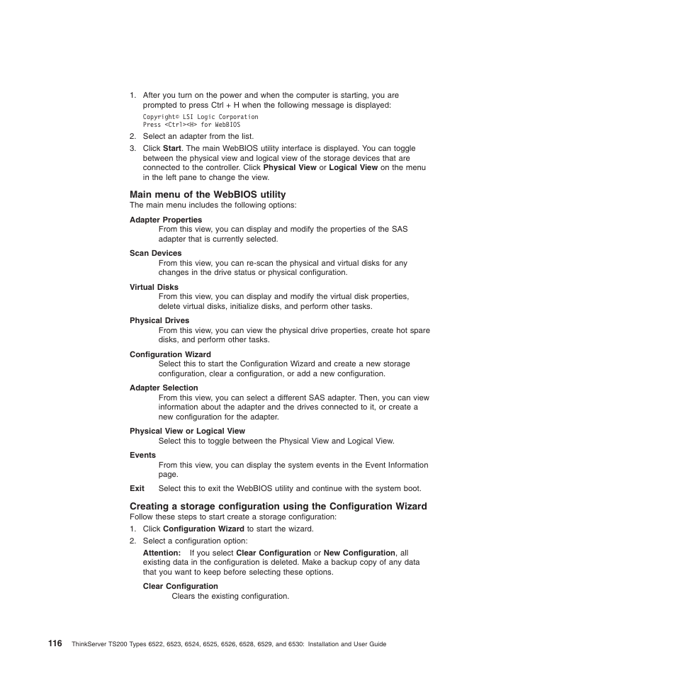 Main menu of the webbios utility | Lenovo 6528 User Manual | Page 132 / 216