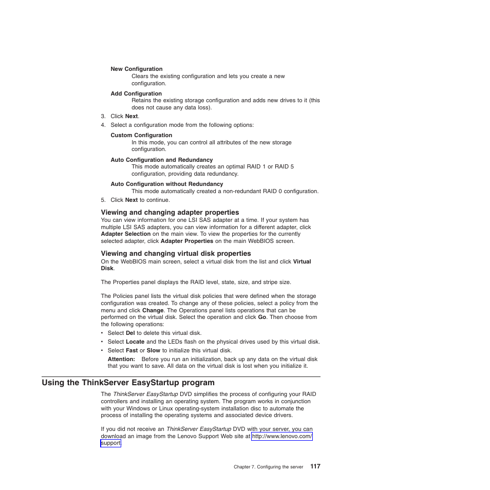 Viewing and changing adapter properties, Viewing and changing virtual disk properties, Using the thinkserver easystartup program | Lenovo 6528 User Manual | Page 133 / 216