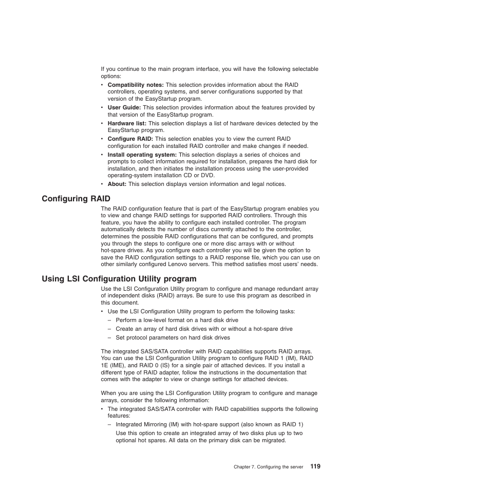 Configuring raid, Using lsi configuration utility program | Lenovo 6528 User Manual | Page 135 / 216