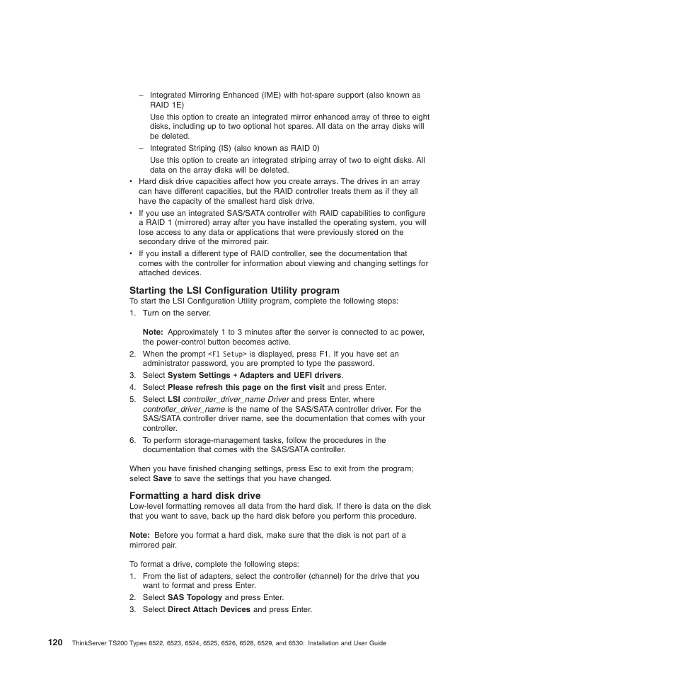 Starting the lsi configuration utility program, Formatting a hard disk drive | Lenovo 6528 User Manual | Page 136 / 216