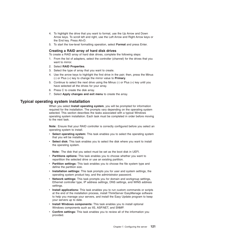 Creating a raid array of hard disk drives, Typical operating system installation | Lenovo 6528 User Manual | Page 137 / 216