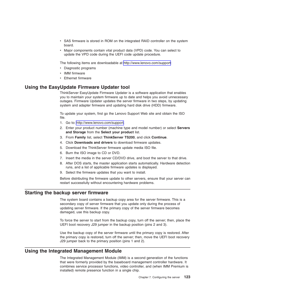 Using the easyupdate firmware updater tool, Starting the backup server firmware, Using the integrated management module | Lenovo 6528 User Manual | Page 139 / 216