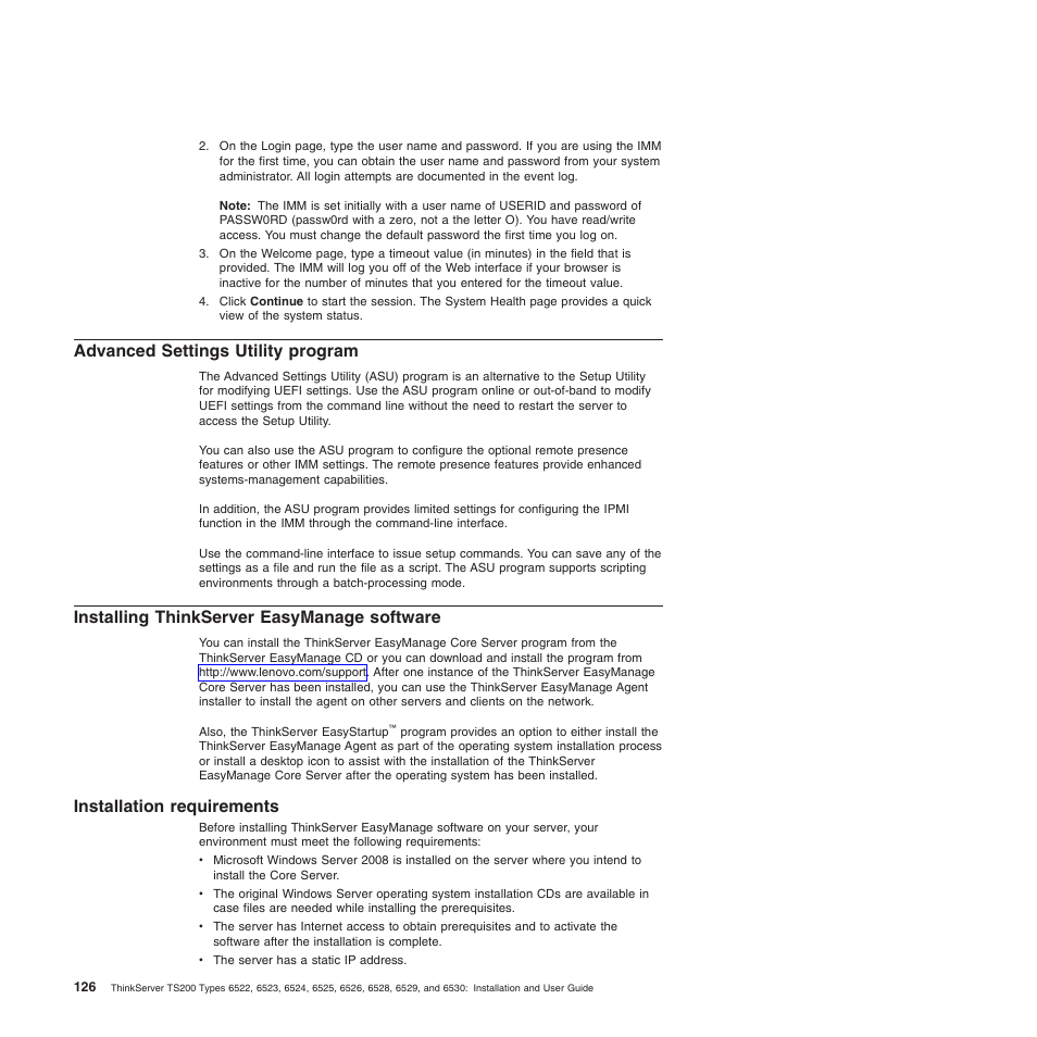 Advanced settings utility program, Installing thinkserver easymanage software, Installation requirements | Lenovo 6528 User Manual | Page 142 / 216
