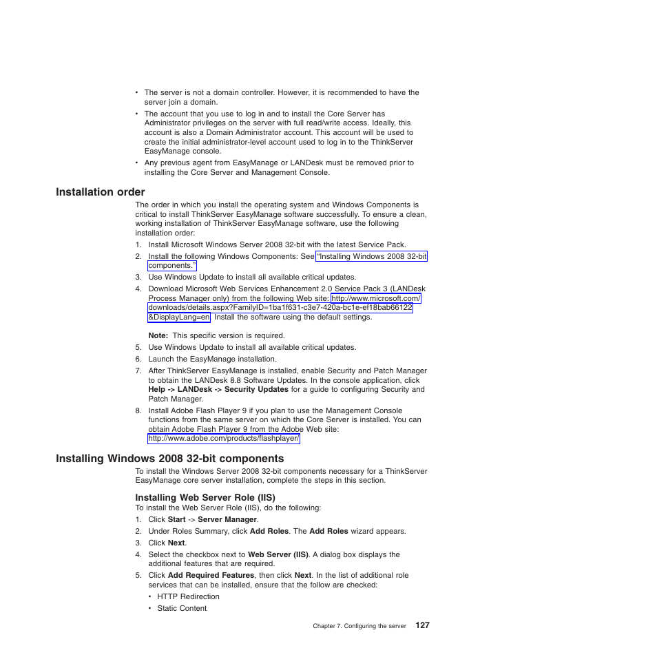 Installation order, Installing windows 2008 32-bit components, Installing web server role (iis) | Lenovo 6528 User Manual | Page 143 / 216