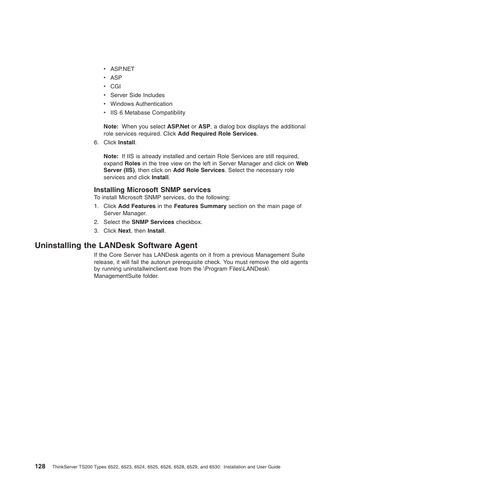 Installing microsoft snmp services, Uninstalling the landesk software agent | Lenovo 6528 User Manual | Page 144 / 216