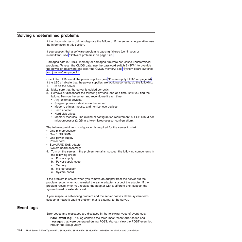 Solving undetermined problems, Event logs, Solving undetermined problems event logs | Lenovo 6528 User Manual | Page 158 / 216