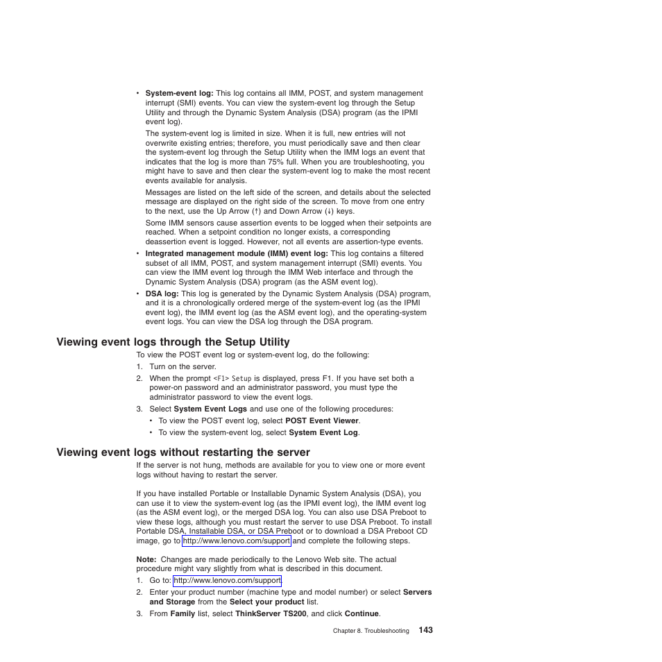 Viewing event logs through the setup utility, Viewing event logs without restarting the server | Lenovo 6528 User Manual | Page 159 / 216