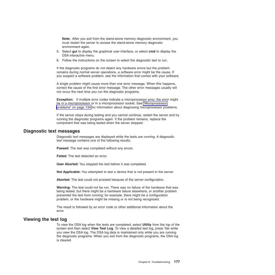 Diagnostic text messages, Viewing the test log | Lenovo 6528 User Manual | Page 193 / 216