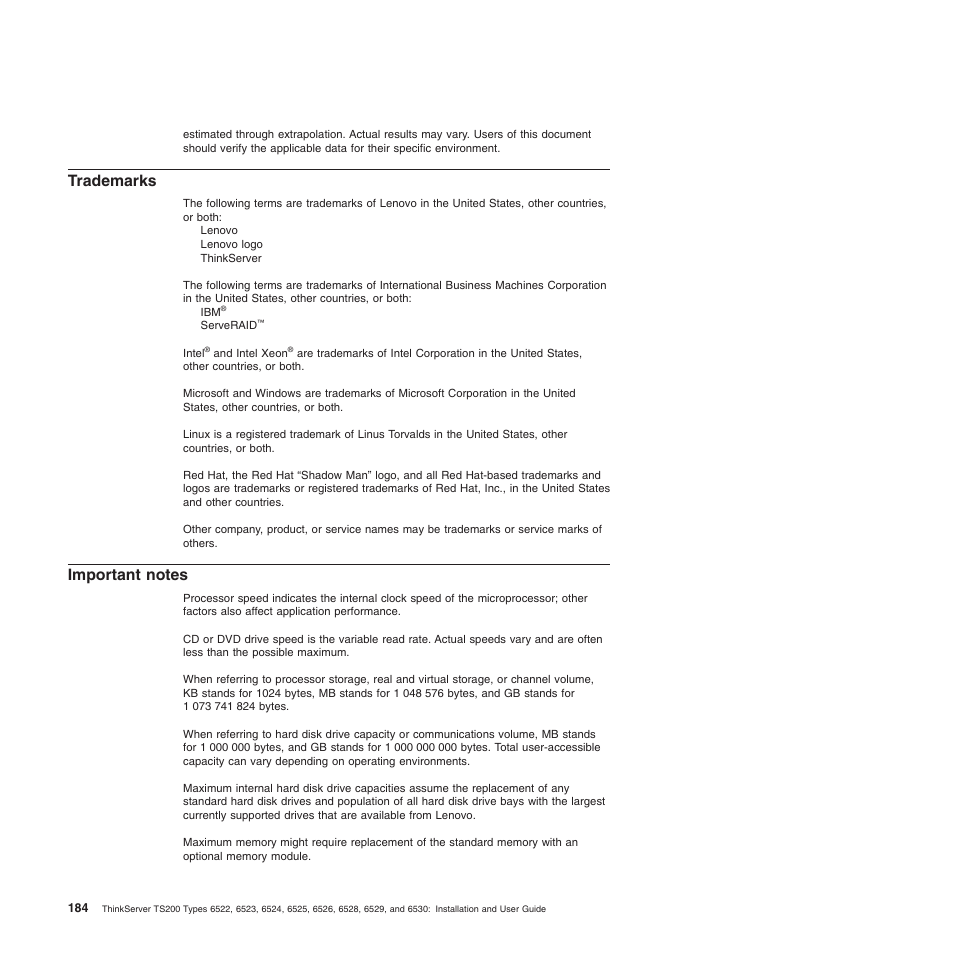 Trademarks, Important notes, Trademarks important notes | Lenovo 6528 User Manual | Page 200 / 216