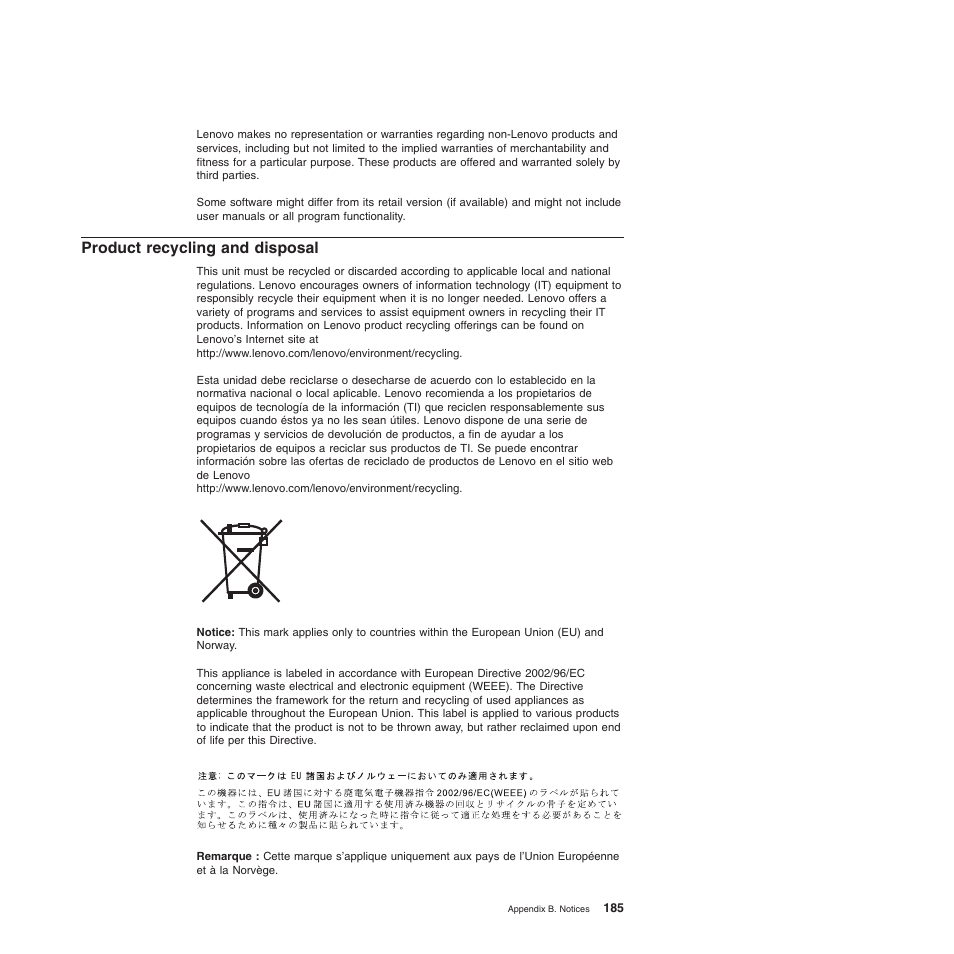 Product recycling and disposal | Lenovo 6528 User Manual | Page 201 / 216