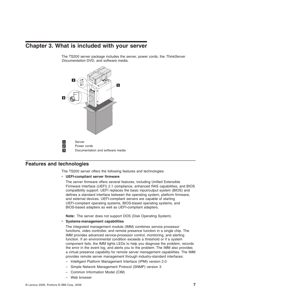 Chapter 3. what is included with your server, Features and technologies | Lenovo 6528 User Manual | Page 23 / 216