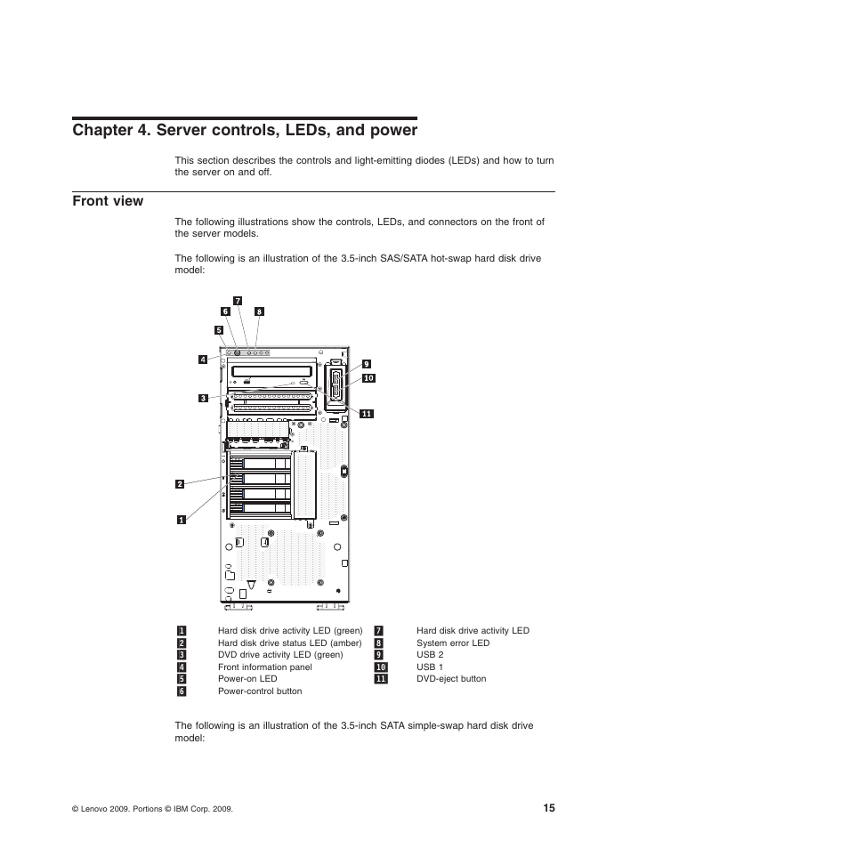 Chapter 4. server controls, leds, and power, Front view | Lenovo 6528 User Manual | Page 31 / 216