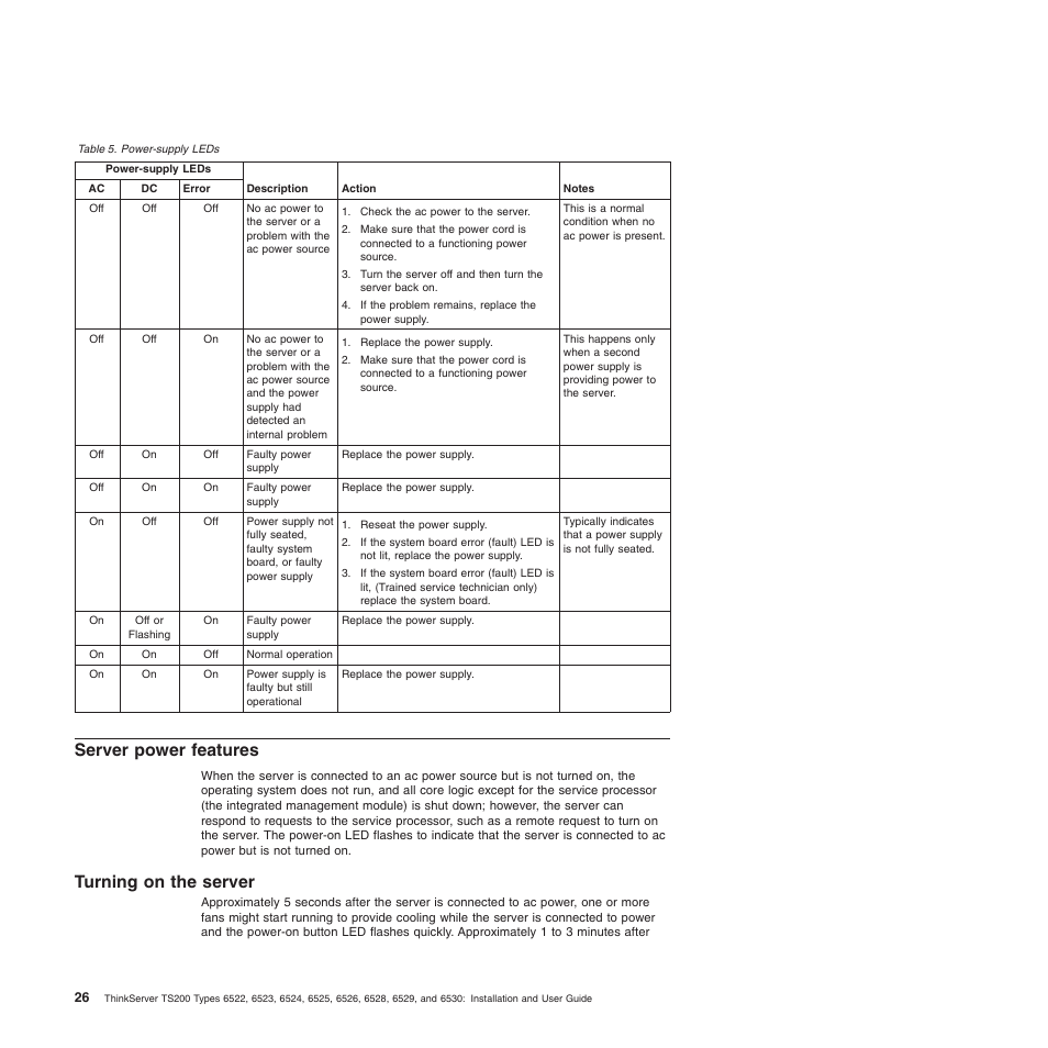 Server power features, Turning on the server | Lenovo 6528 User Manual | Page 42 / 216