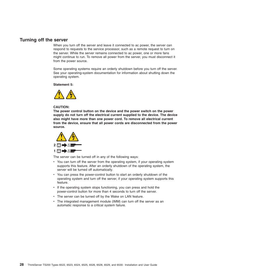 Turning off the server | Lenovo 6528 User Manual | Page 44 / 216