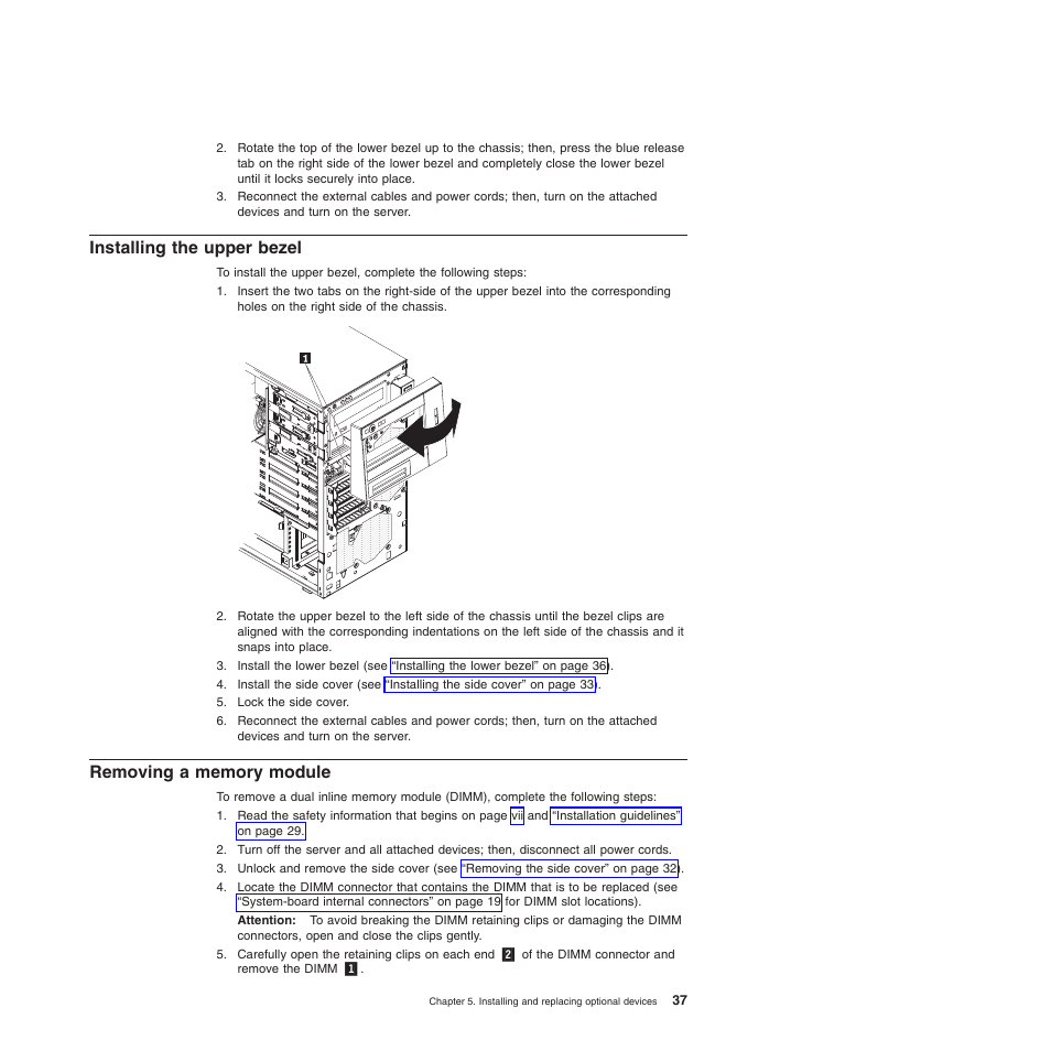 Installing the upper bezel, Removing a memory module | Lenovo 6528 User Manual | Page 53 / 216