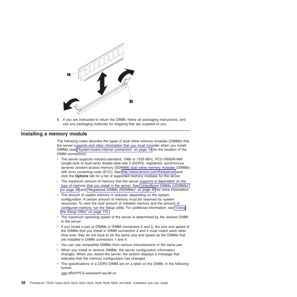 Installing a memory module | Lenovo 6528 User Manual | Page 54 / 216