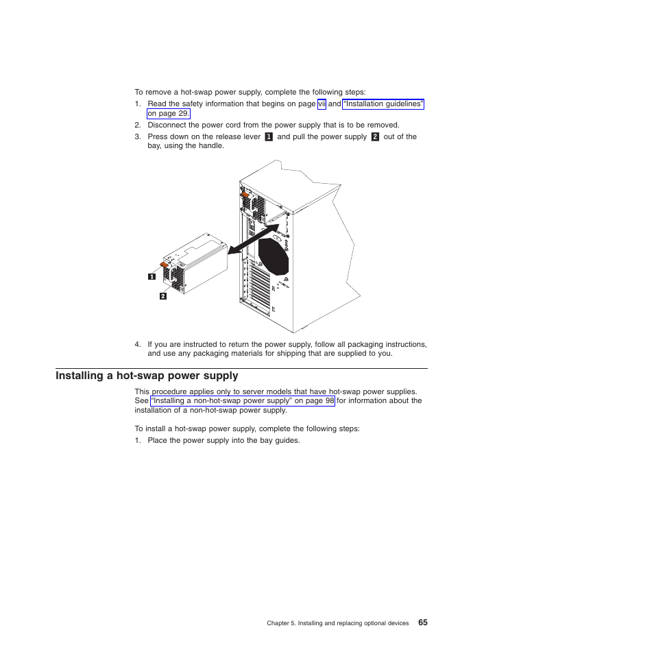 Installing a hot-swap power supply | Lenovo 6528 User Manual | Page 81 / 216