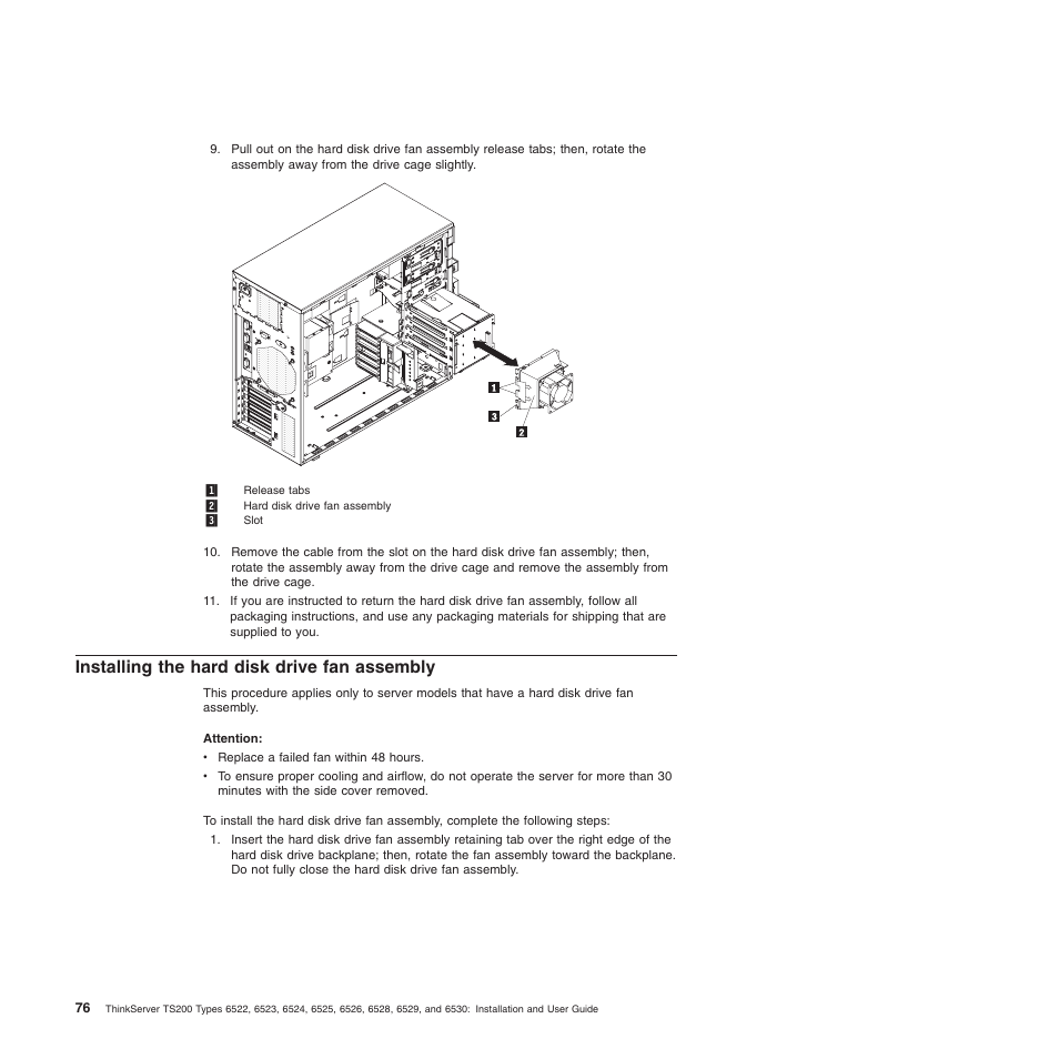 Installing the hard disk drive fan assembly | Lenovo 6528 User Manual | Page 92 / 216