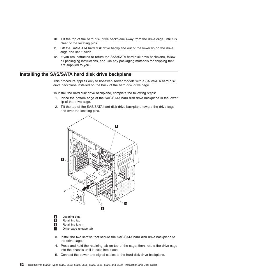 Installing the sas/sata hard disk drive backplane | Lenovo 6528 User Manual | Page 98 / 216