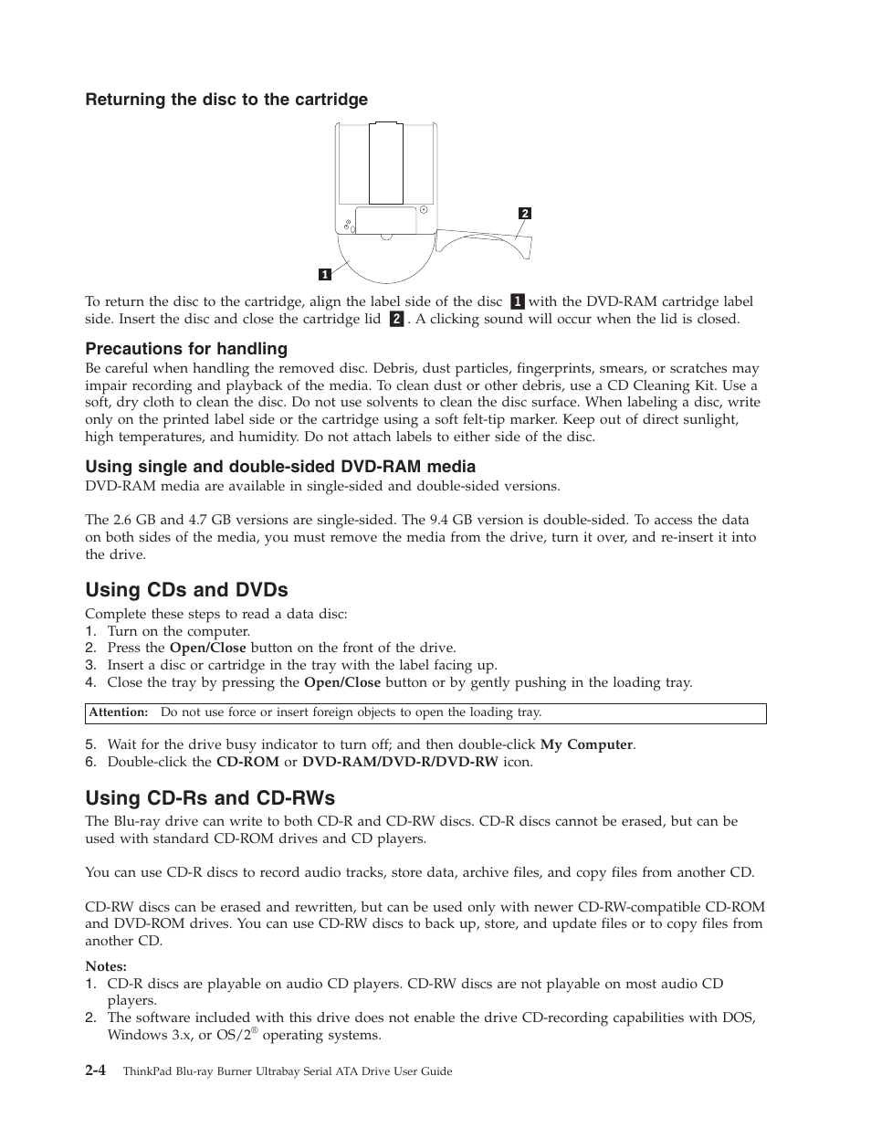 Returning the disc to the cartridge, Precautions for handling, Using single and double-sided dvd-ram media | Using cds and dvds, Using cd-rs and cd-rws, Using, Dvds, Cd-rs, Cd-rws, Returning | Lenovo ThinkPad 43N3224 User Manual | Page 18 / 48