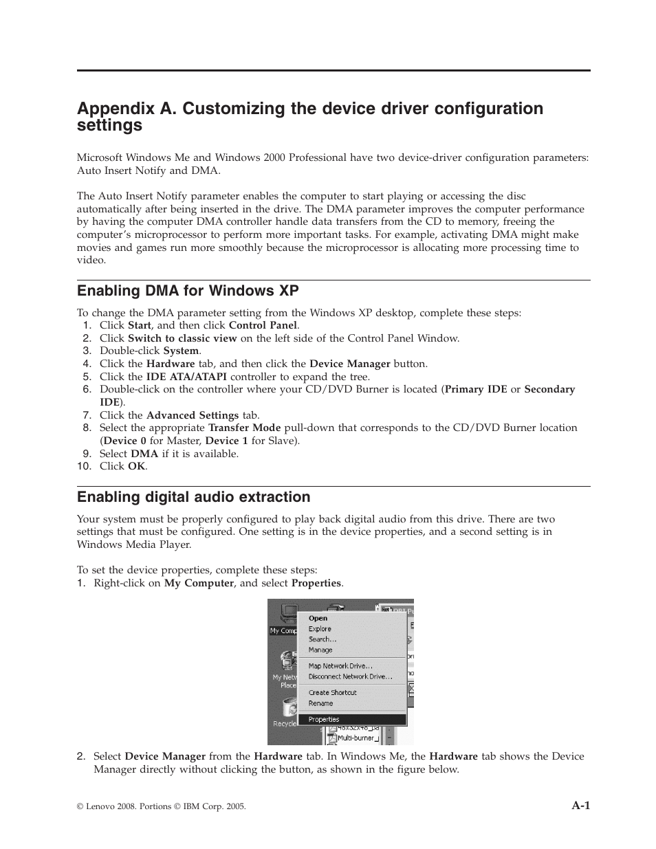 Enabling dma for windows xp, Enabling digital audio extraction, Appendix | Customizing, Device, Driver, Configuration, Settings, Enabling, Windows | Lenovo ThinkPad 43N3224 User Manual | Page 27 / 48