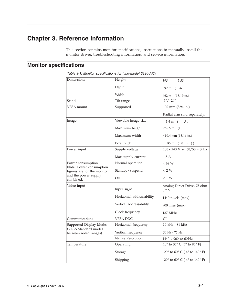 Chapter 3. reference information, Monitor specifications, Chapter | Reference, Information, Monitor, Specifications | Lenovo 40Y7443 User Manual | Page 17 / 29