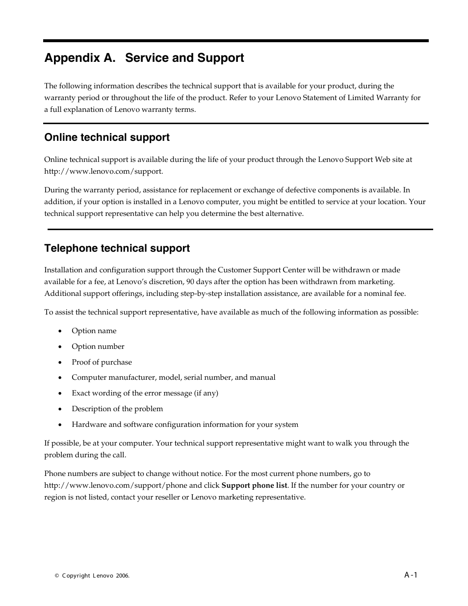 Appendix a. service and support, Online technical support, Telephone technical support | Appendix, Service, Support, Online, Technical, Telephone, Worldwide | Lenovo 40Y7443 User Manual | Page 24 / 29