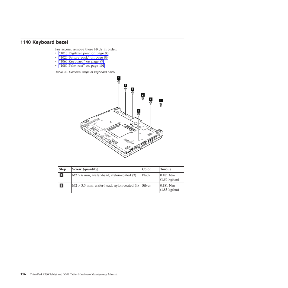 1140 keyboard bezel | Lenovo X200 User Manual | Page 124 / 260