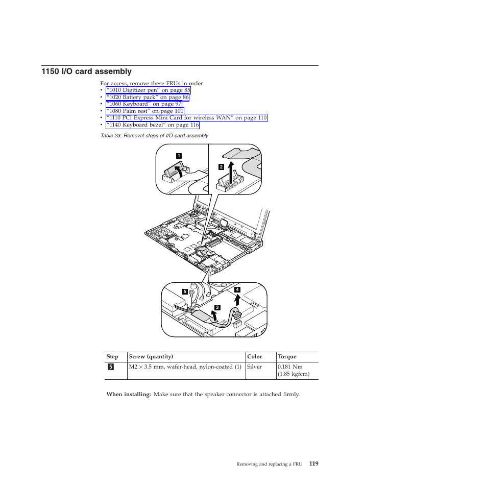 1150 i/o card assembly | Lenovo X200 User Manual | Page 127 / 260